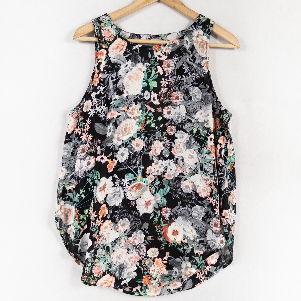 Leith Tank Top Size Medium Black Floral Print Cut Out Draped Back Lightweight